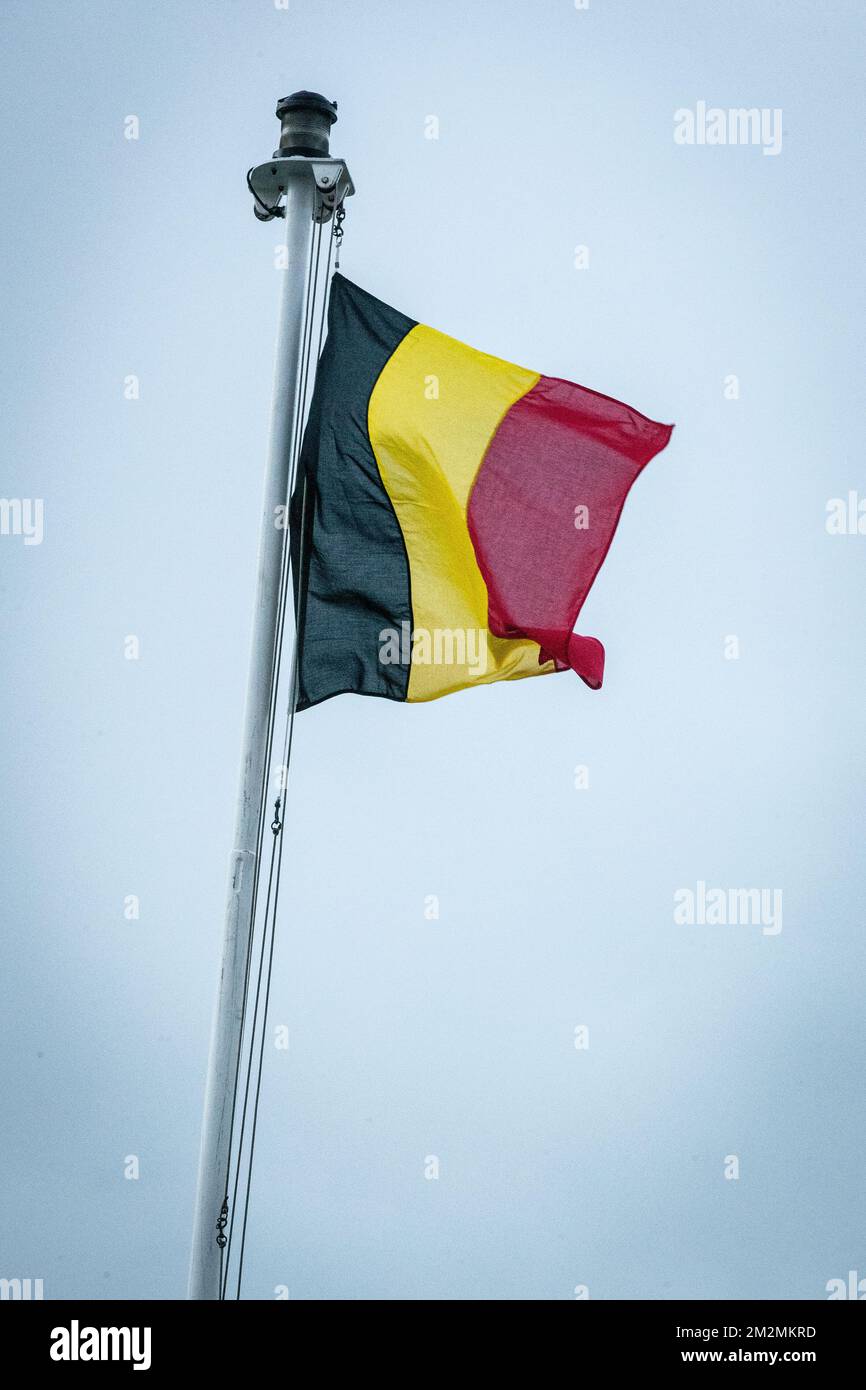 Illustration picture shows the Belgian flag at the arrival of the Belgian  M-fregate Louise Marie, Friday 30 November 2018, in Zeebrugge. The Frigate  took part in military exercize 'Trident Juncture' and 'Hammer