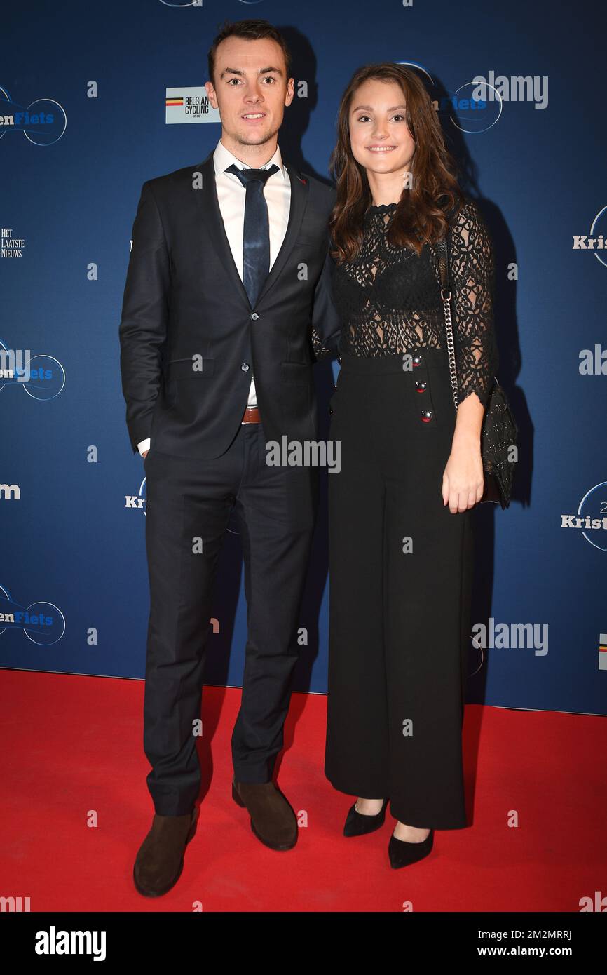 Belgian Yves Lampaert and his girlfriend Astrid Demeulemeester pictured ahead of the 27th edition of the 'Kristallen Fiets 2018' (Crystal Bike - Velo de Cristal) award ceremony for the best cyclist of the 2018 season, organized by Flemish newspaper Het Laatste Nieuws, Wednesday 05 December 2018, in Vilvoorde. BELGA PHOTO DAVID STOCKMAN Stock Photo