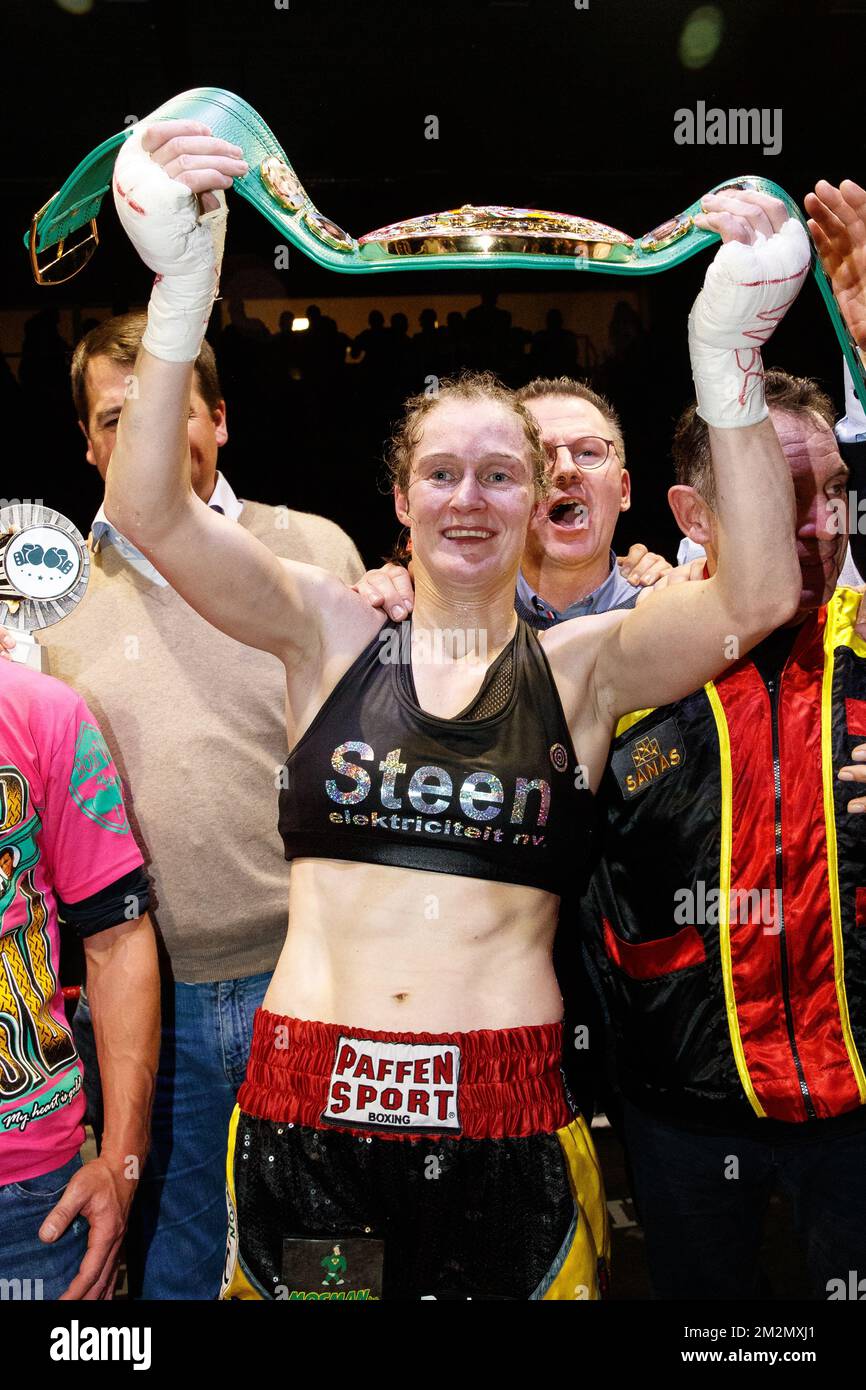 Belgian Delfine Persoon celebrates after winning the boxing fight between  Belgian Delfine Persoon and Kenian Judy Waguthii for the WBC World female  lightweight title at 'Boksgala Ardooie' boxing event in Ardooie, Saturday