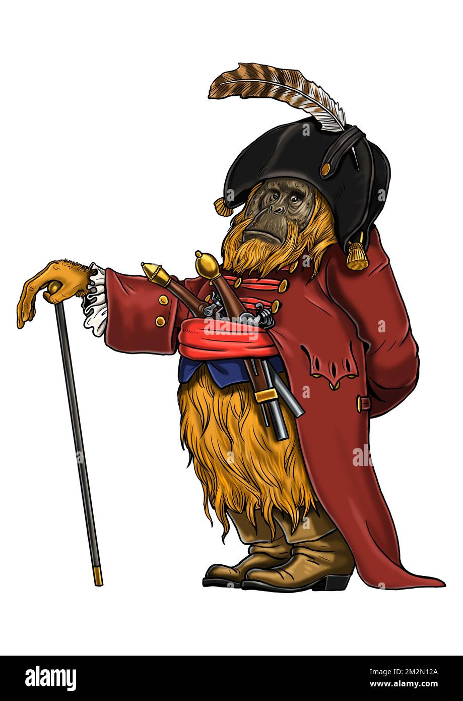 Orangutan with the pistols coloring page. Coloring book illustration. Monkey and apes pirates coloring sheet. Stock Photo