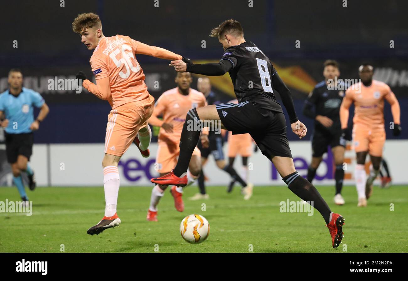 Anderlecht's Alexis Saelemaekers and Dinamo Zagreb's midfielder Izet Hajrovic fight for the ball during the game between Belgian team RSCA Anderlecht and Croatian team Dinamo Zagreb, in Zagreb, Thursday 13 December 2018, their first round match on day six of the Europa League group stage. BELGA PHOTO VIRGINIE LEFOUR Stock Photo