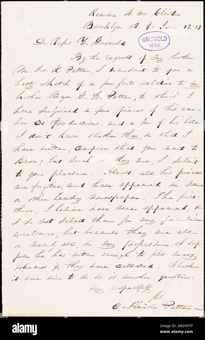 E. Fluide Patten (?), Brooklyn, NY., autograph letter signed to R. W. Griswold, 12 June 1855 , American literature, 19th century, History and criticism, Authors, American, 19th century, Correspondence, Authors and publishers, Poets, American, 19th century, Correspondence. Rufus W. Griswold Papers Stock Photo
