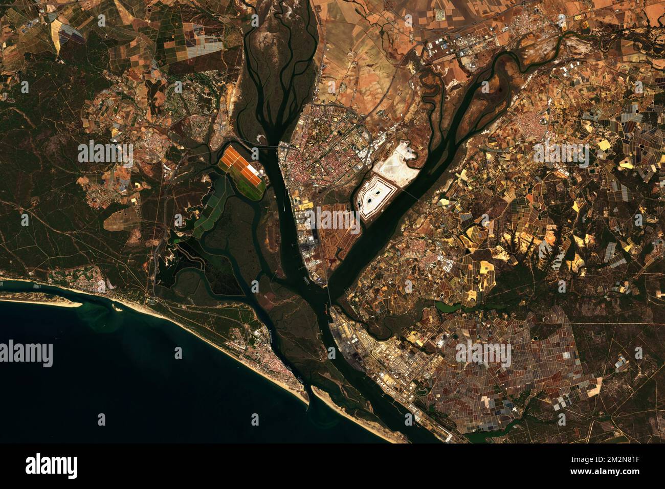 High resolution satellite image of Huelva in Spain -  contains modified Copernicus Sentinel Data (2022) Stock Photo