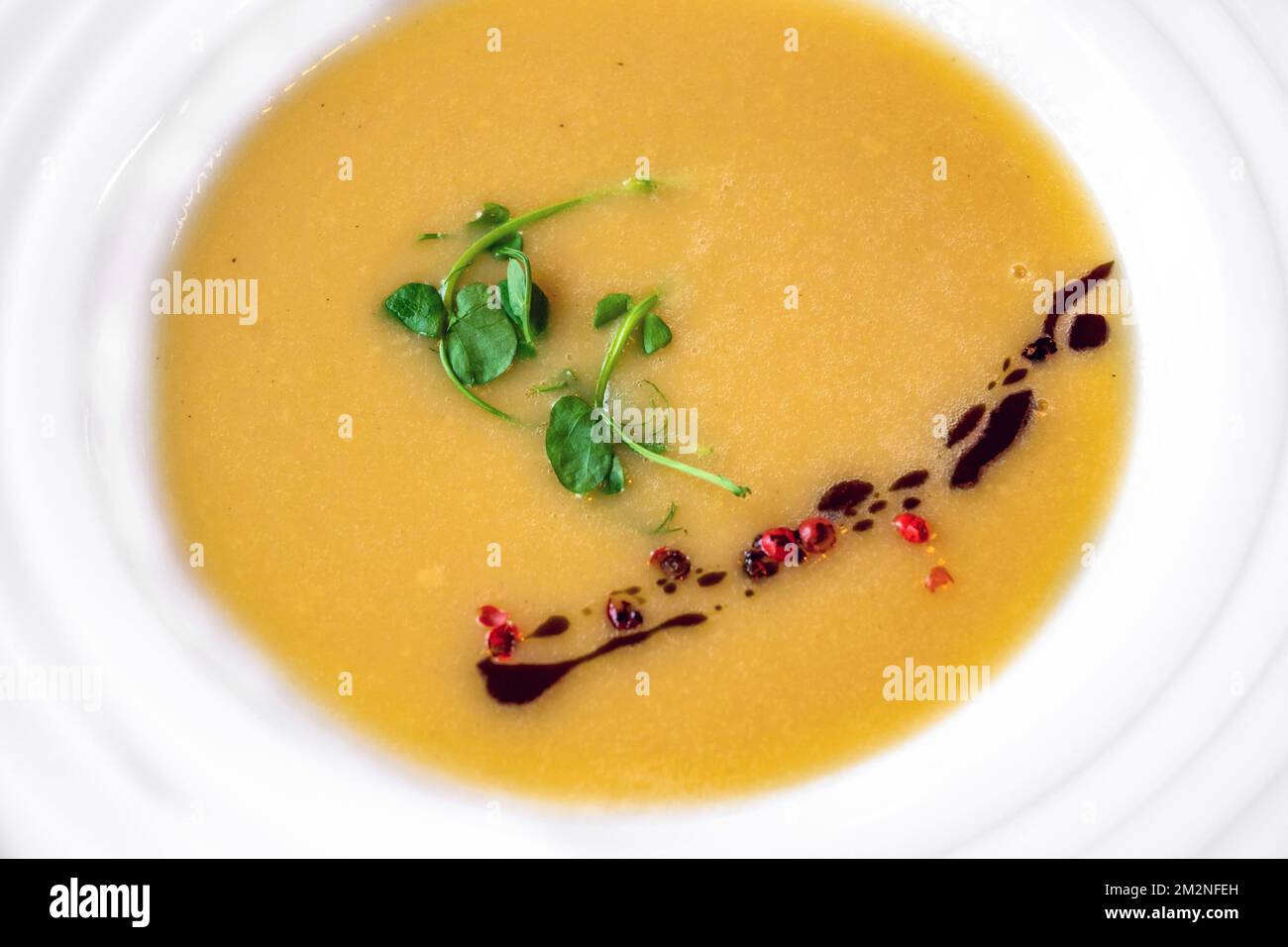 Fish soup (velouté) with pea sprout, red pepper and pumpkin oil in white plate, closeup. Stock Photo