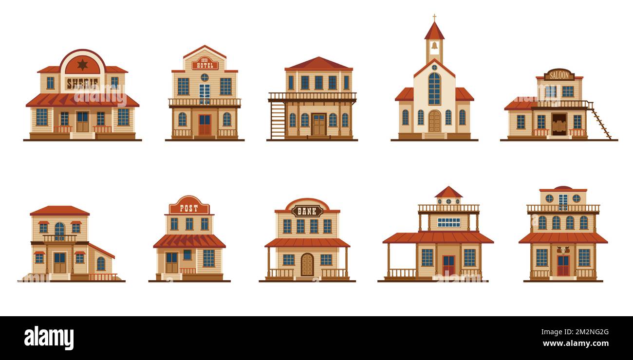 Wild west buildings. Cartoon western american traditional house facade collection, saloon bank bar church tavern exterior view. Vector isolated set Stock Vector