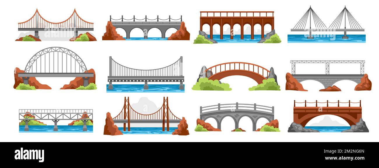 Cartoon bridge architecture. Suspension river crossing bridgework, railway road drawbridge in mountains, urban industrial construction. Vector set Stock Vector