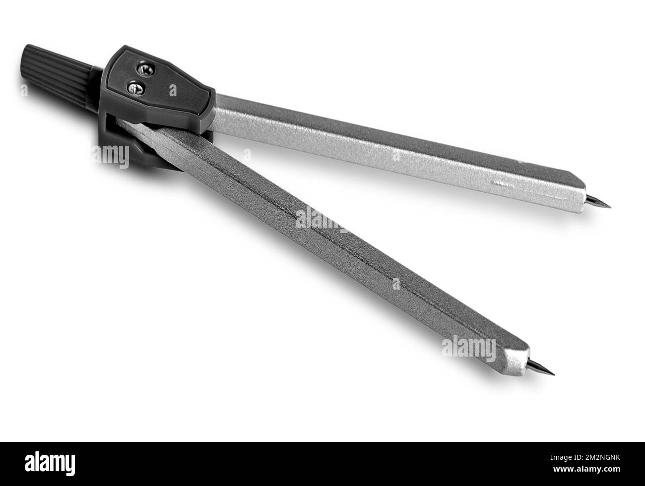 The close up metal compasses for drawing, isolated on white background. Hand delimiters, tool draftsman Stock Photo