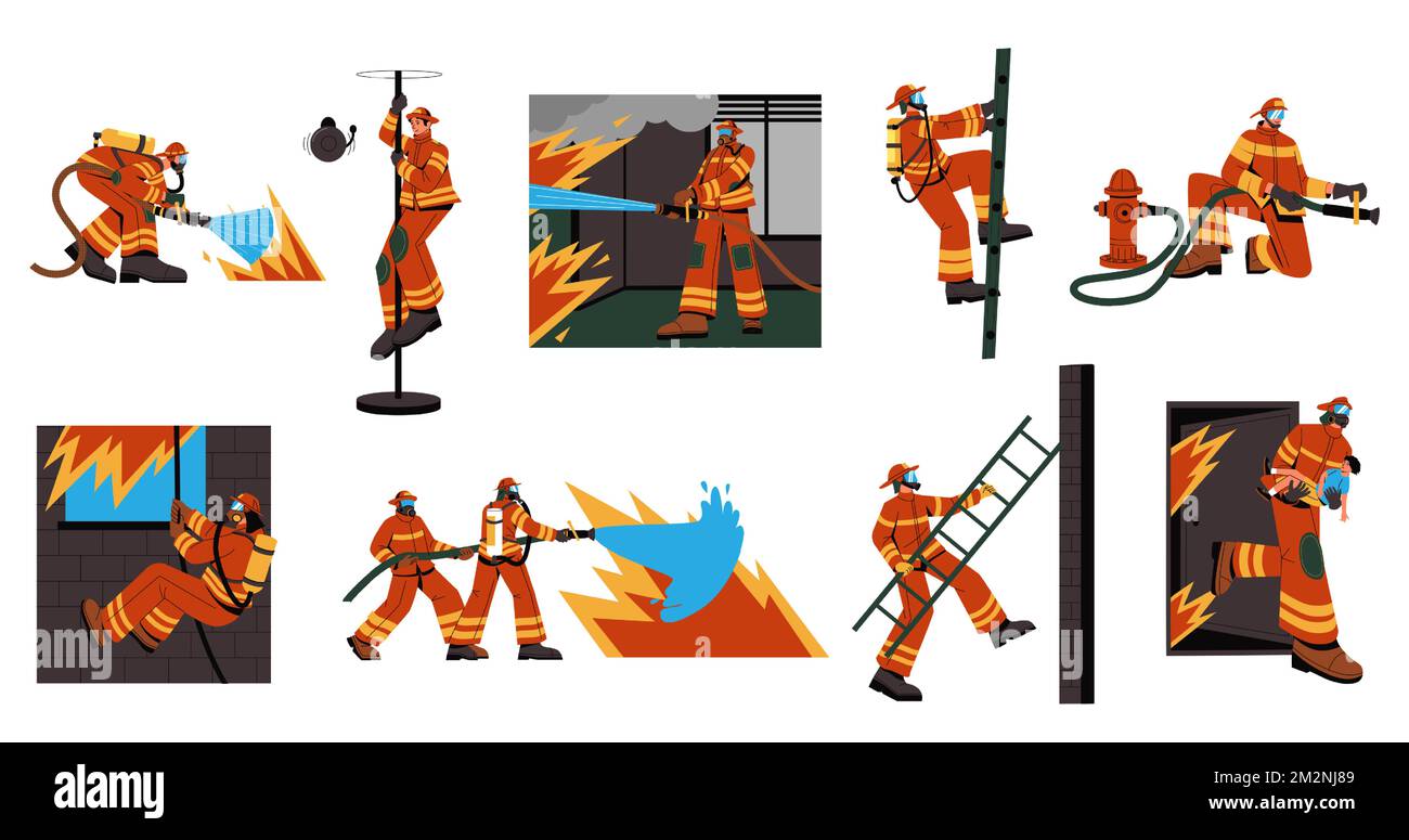 Fireman in uniform. Cartoon firefighter characters in different situations, emergency workers with rescue equipment safety concept. Vector flat set Stock Vector