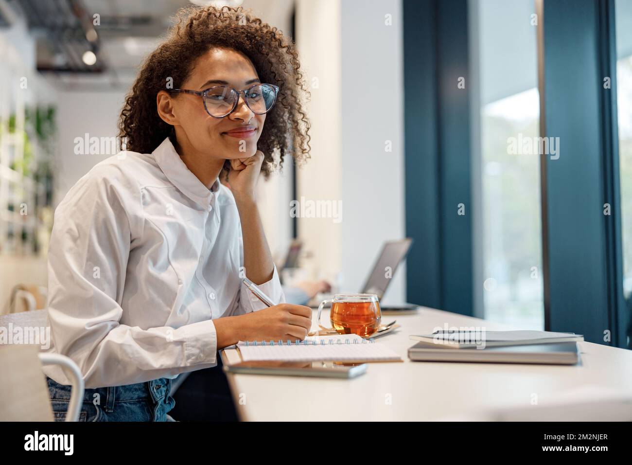 Smiling businesswoman working laptop and making notes while sitting near windows in cozy cafe Stock Photo