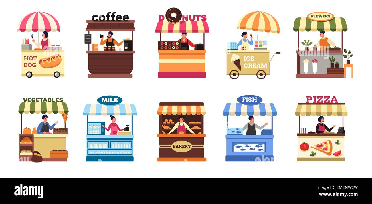 Street vendors. Farm local market food booth and stall with seller, set of fruit vegetable kiosk stands and fish trolley flat cartoon style. Vector Stock Vector