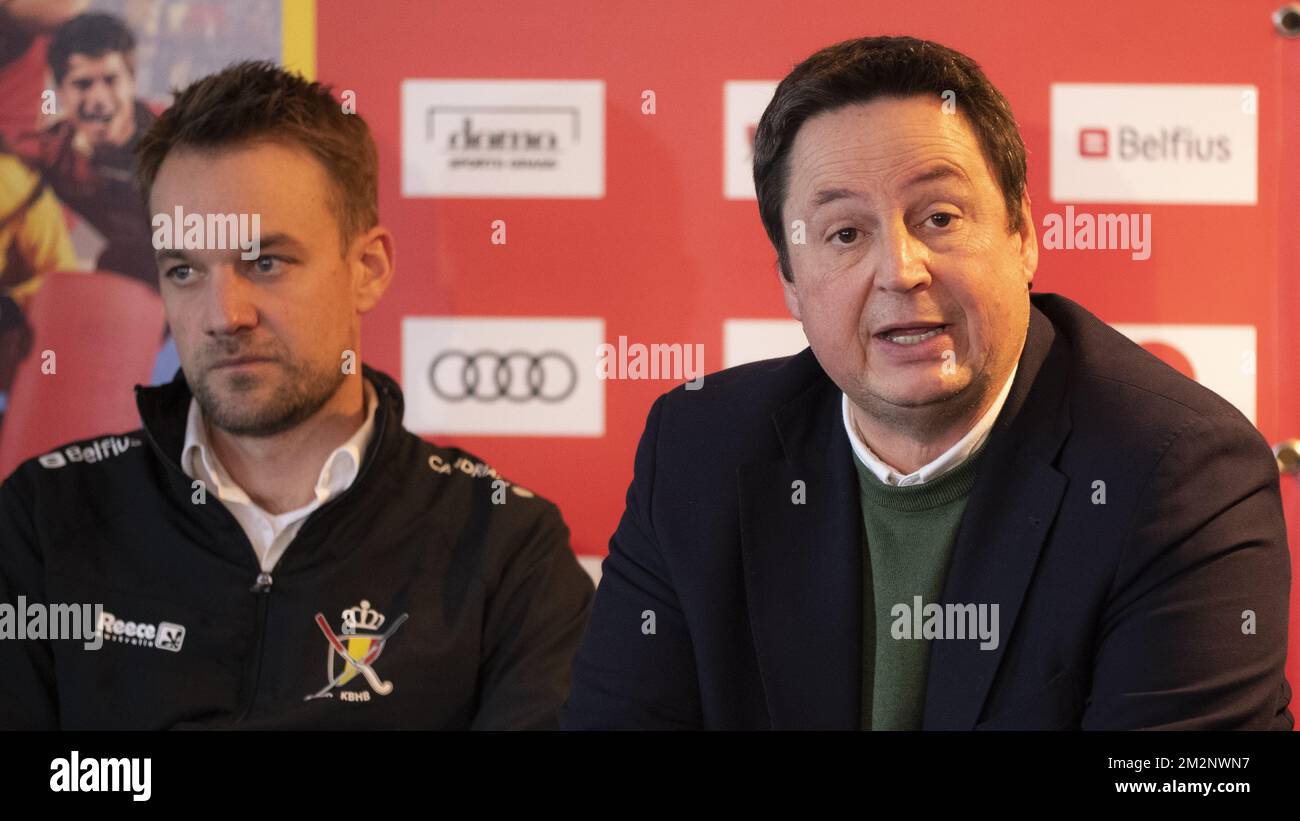 Belgium's head coach Niels Thijssen (L) and Belgian Hockey Federation Secretary-General Serge Pilet (R) pictured during a press conference of Belgian Royal Hockey Association (KBHB - ARBH) on the ambitions of Belgian women and men teams, Red Panthers and Red Lions, in Kontich, Wednesday 16 January 2019. BELGA PHOTO SEBASTIEN TECHY Stock Photo