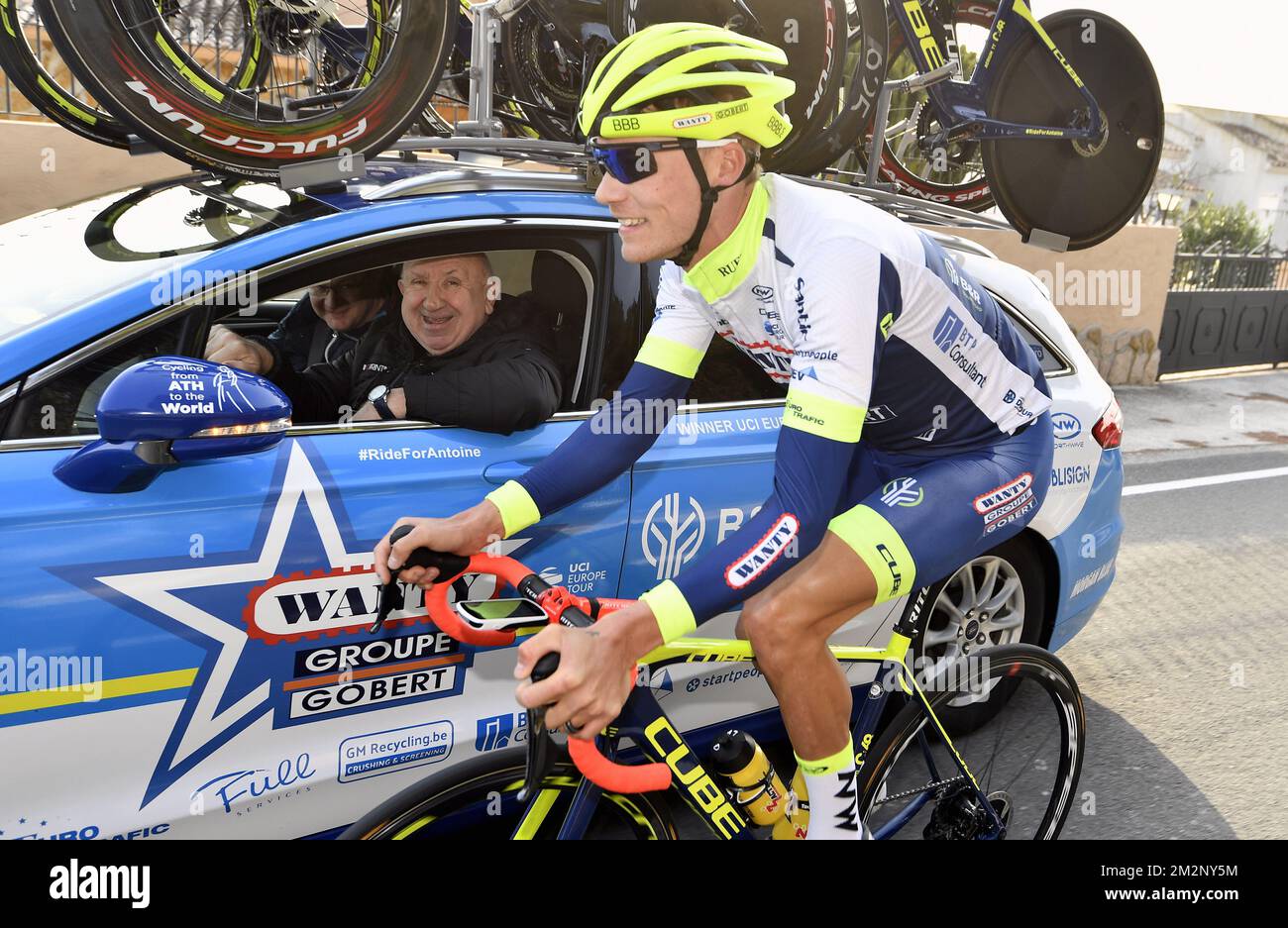 Wanty Gobert cycling team sports director Hilaire Van der Schueren and Belgian Loic Vliegen of Wanty Gobert cycling team pictured during the second day of the press trip organised by Belgian cycling t...