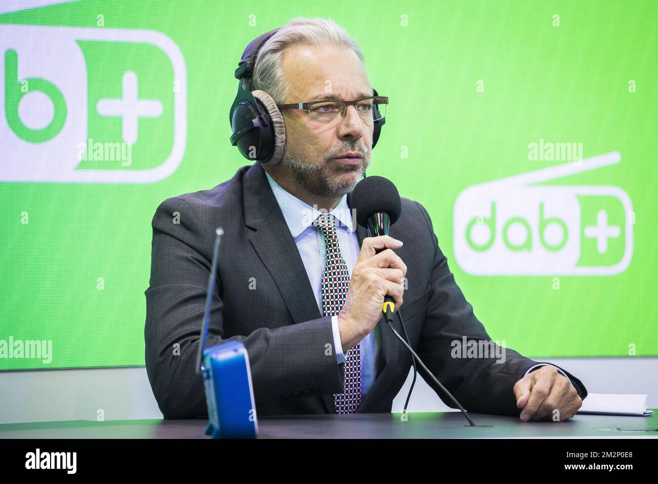 RTBF general administrator Jean-Paul Philippot pictured during a press  conference of WorldDAB, Digital Radio Vlaanderen and maRadio.be on the new  European directive on the digital radio equipment in cars, at the 97th