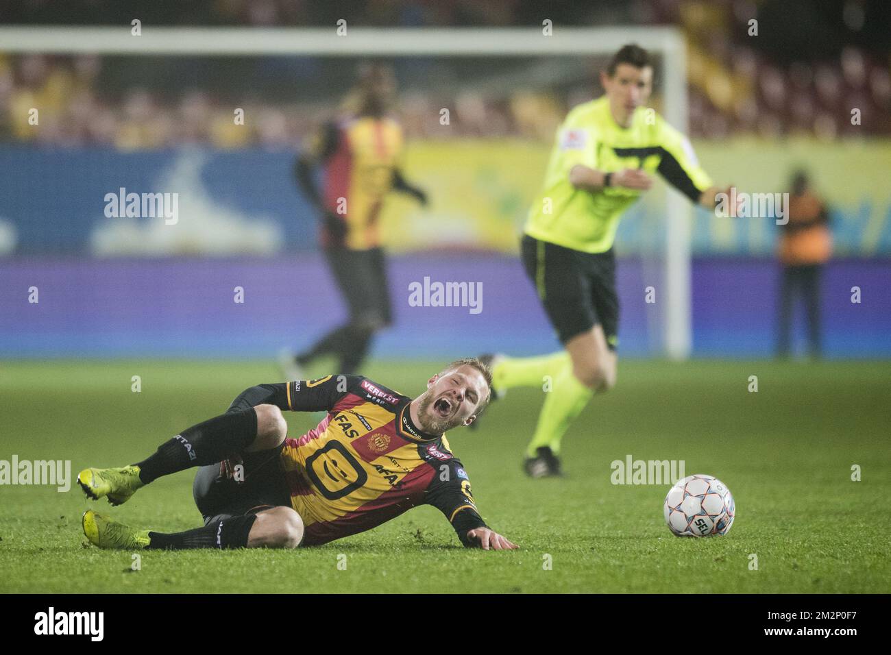 Mechelen's Gustav Engvall lies injured on the ground during a soccer game between KV Mechelen and Roeselare, Friday 18 January 2019 in Mechelen, on the 22nd day of the 'Proximus League' 1B division of the Belgian soccer championship. BELGA PHOTO JASPER JACOBS Stock Photo