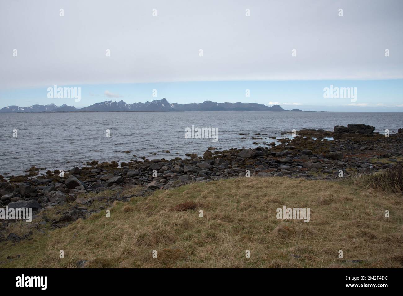 Andøya is a Vesterålen island covered with bogs and arctuc tundra in its centre and boulders along the coast. Stock Photo