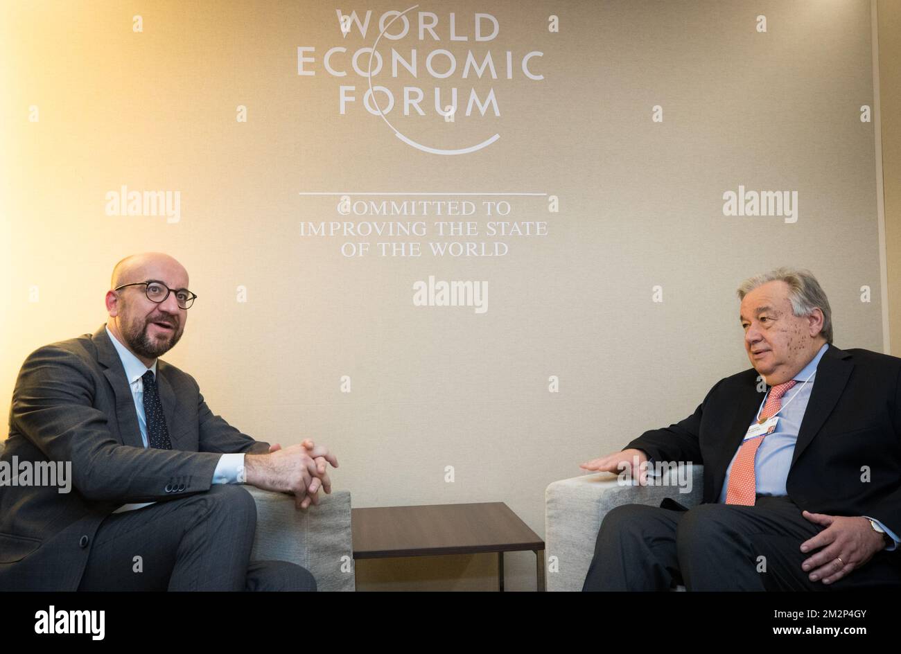 Belgian Prime Minister Charles Michel and UN General secretary Antonio Guterres pictured during a meeting at the 48th edition of the World Economic Forum annual meeting in Davos, Switzerland, Wednesday 23 January 2019. The yearly meeting takes place from 22 to 26 January with heads of governments and economic leaders. BELGA PHOTO BENOIT DOPPAGNE Stock Photo