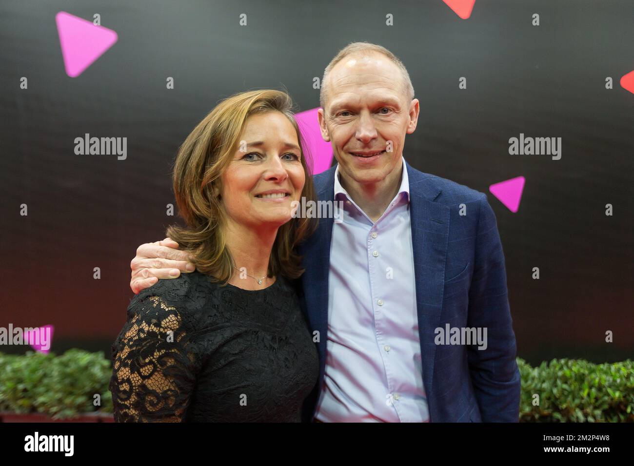 VTM Nieuws journalist Marc Dupain and his wife pictured on the red carpet ahead of the recording of the '30 jaar VTM' show on the occasion of the 30th anniversary of Flemish commercial broadcaster VTM, Wednesday 23 January 2019 in Puurs. On February 1st 1989 the 'Vlaamse Televisie Maatschappij' was launched. BELGA PHOTO JAMES ARTHUR GEKIERE Stock Photo