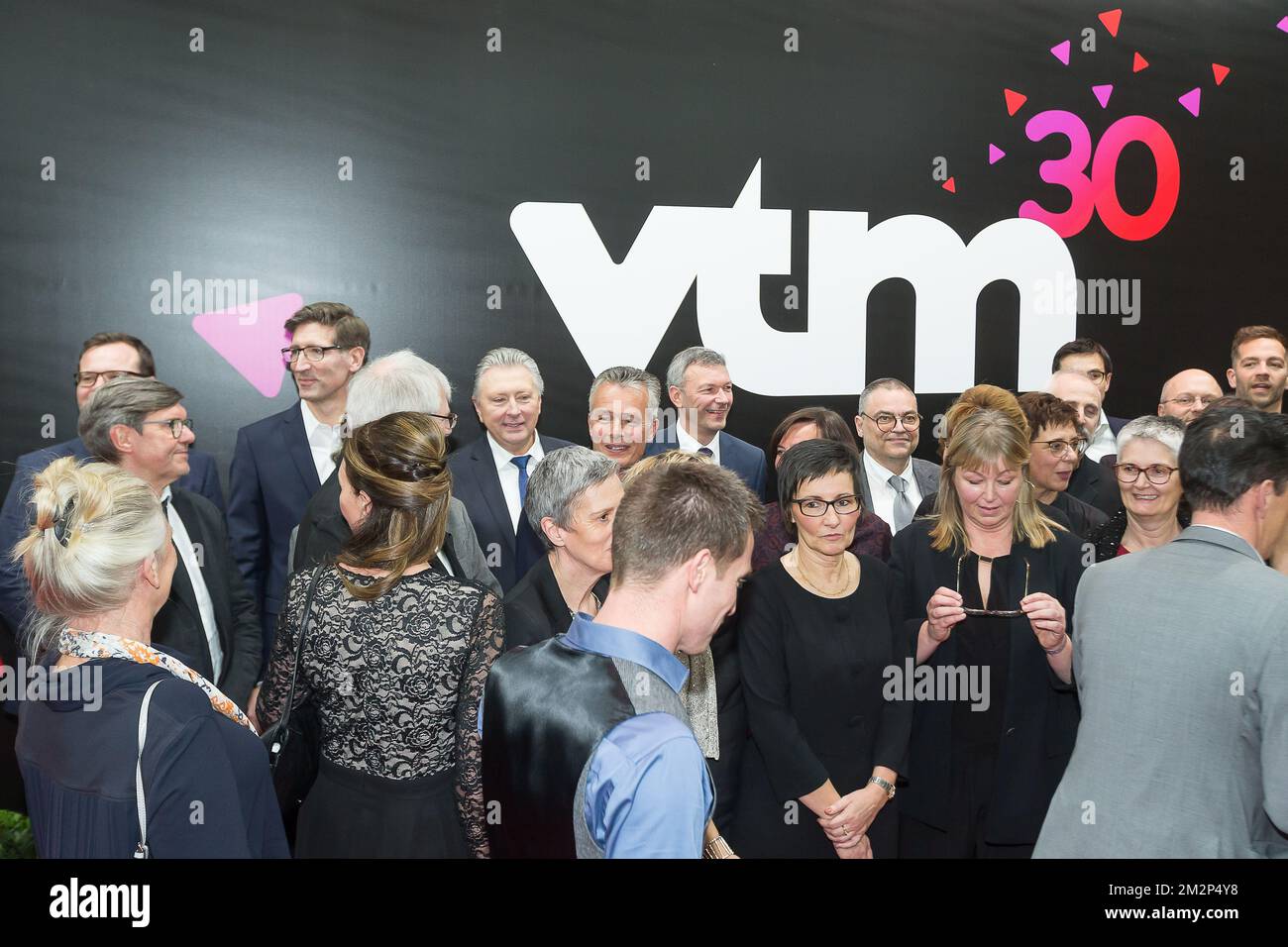 People pose for a group picture, with VTM Nieuws presenter Dany Verstraeten, Christian Van Thillo and Marc Dupain on the red carpet ahead of the recording of the '30 jaar VTM' show on the occasion of the 30th anniversary of Flemish commercial broadcaster VTM, Wednesday 23 January 2019 in Puurs. On February 1st 1989 the 'Vlaamse Televisie Maatschappij' was launched. BELGA PHOTO JAMES ARTHUR GEKIERE Stock Photo