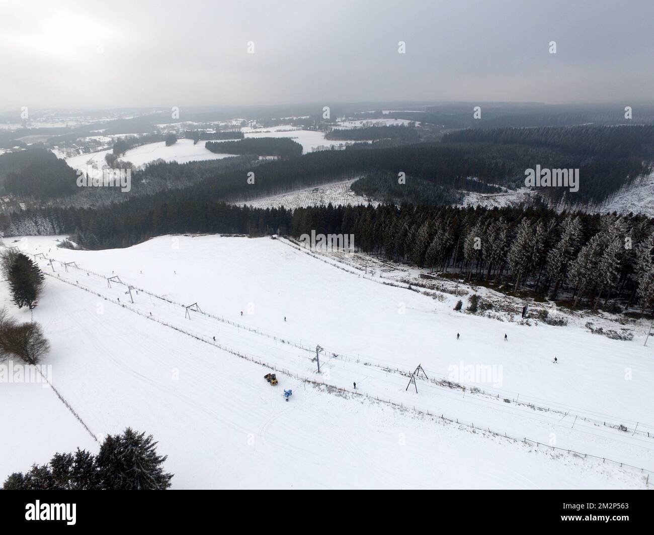 Illustration picture shows aerial vieuw of the ski pist in Ovifat, Waimes, Eastern Belgium, Thursday 24 January 2019. Some ski runs are open to the public in the East Cantons and Luxembourg and Hainaut provinces after a fresh snowfall this week. BELGA PHOTO ERIC LALMAND Stock Photo