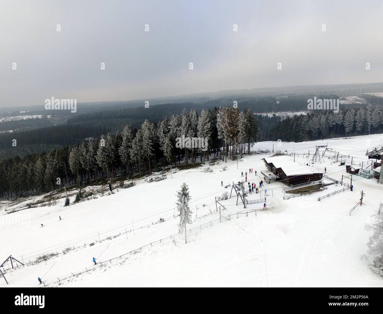 Illustration picture shows aerial vieuw of the ski pist in Ovifat, Waimes, Eastern Belgium, Thursday 24 January 2019. Some ski runs are open to the public in the East Cantons and Luxembourg and Hainaut provinces after a fresh snowfall this week. BELGA PHOTO ERIC LALMAND Stock Photo