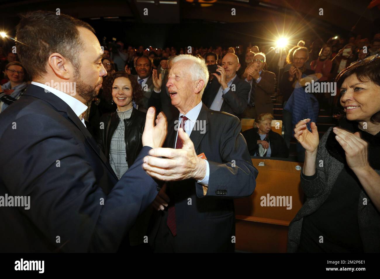 cDH's Maxime Prevot, Charles-Ferdinand Nothomb and cdH's Joelle Milquet pictured during pictured after the election for the presidency of Christian Democrat French-speaking party cdH, in Louvain-La-Neuve, Saturday 26 January 2019. BELGA PHOTO NICOLAS MAETERLINCK Stock Photo