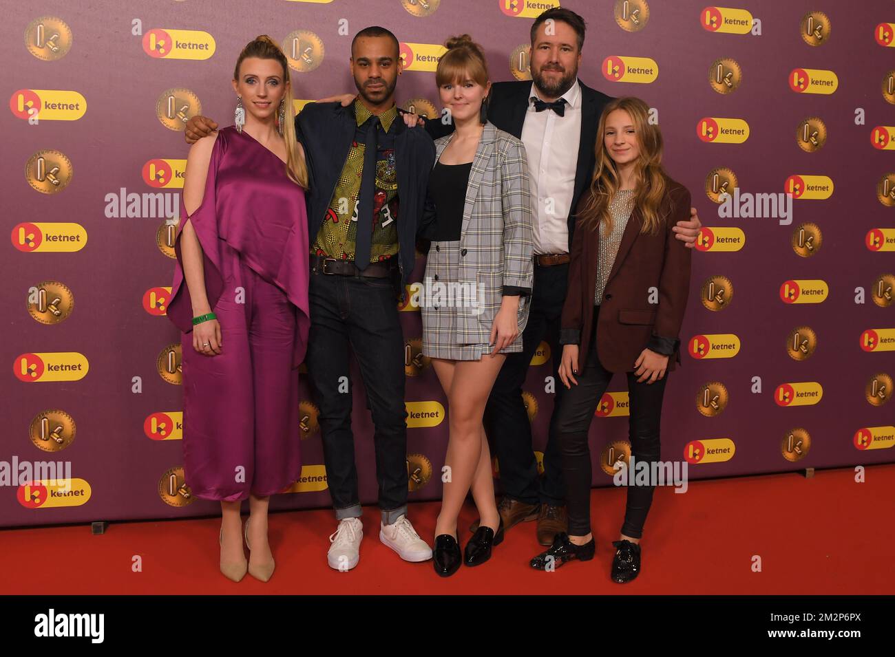 Actors from 'Thuis' including Actress Tine Priem, actor Yemi Oduwale, actor Elise Roels and actor Raf Jansen pictured during the 'Gala van de Gouden K's' award show, organized by Flemish children's television channel Ketnet, Saturday 26 January 2019 in Antwerp. BELGA PHOTO LUC CLAESSEN Stock Photo