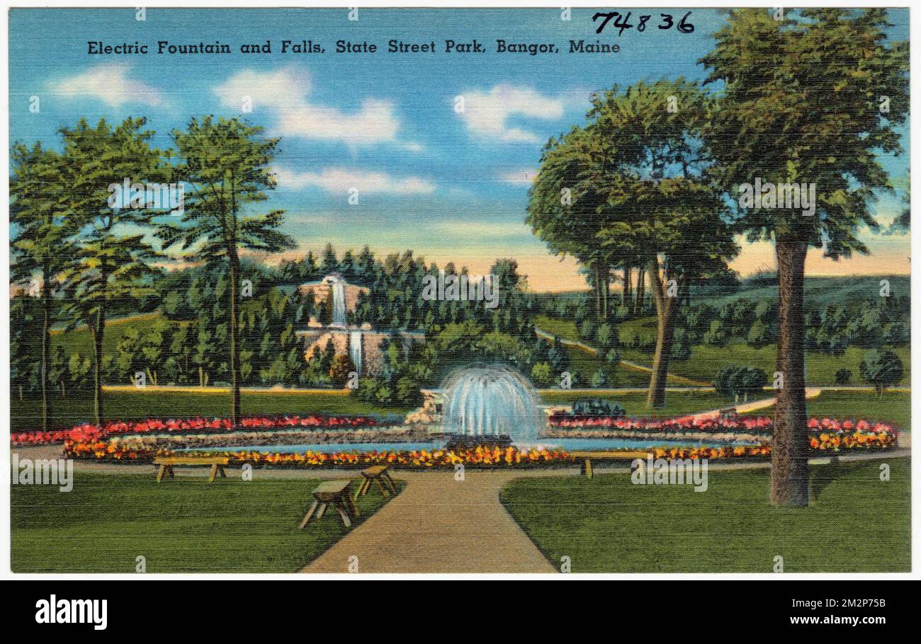 Electric fountain and Falls, State Park, Bangor, Maine , Parks, Tichnor Brothers Collection