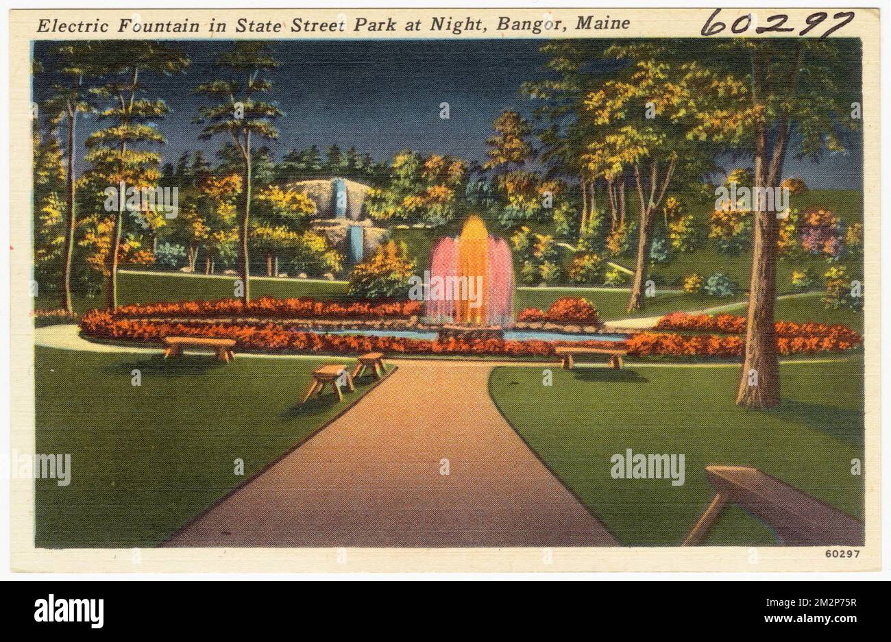 Electric fountain in State Street Park at night, Bangor, Maine , Parks, Tichnor Brothers