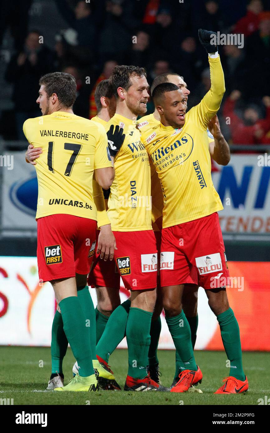 Oostende's Tom De Sutter celebrates after scoring during a soccer game  between KV Oostende and KAA Gent, Wednesday 30 January 2019 in Oostende,  the return leg of the semi-finals of the 'Croky