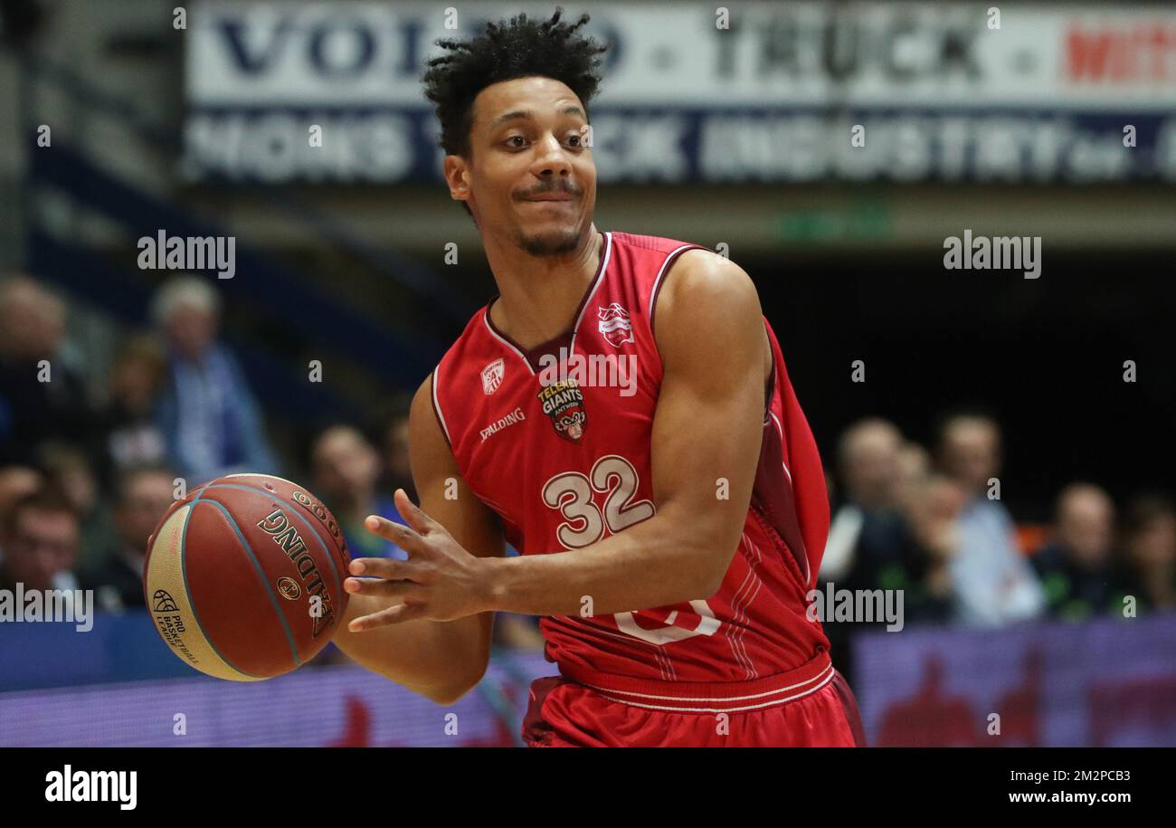 Antwerp's Dennis Donkor pictured in action during the basketball match