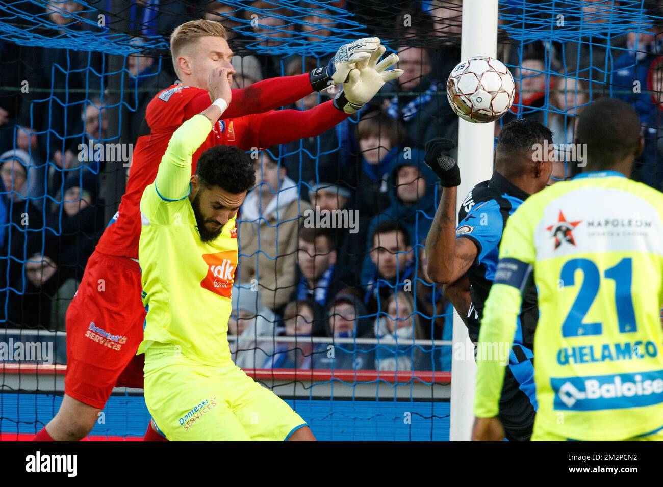 Gent's goalkeeper Thomas Kaminski and Club's Wesley Moraes fight for the ball during a soccer game between Club Brugge and KAA Gent, Sunday 03 February 2019 in Brugge, on the 24th of the 'Jupiler Pro League' Belgian soccer championship season 2018-2019. BELGA PHOTO KURT DESPLENTER Stock Photo