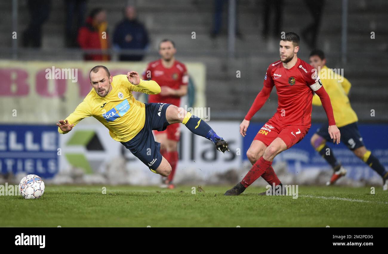 Beerschot's Alexander Maes and Tubize's Shean Garlito y Romo fight for the ball during a soccer game between AFC Tubize and Beerschot Wilrijk, Sunday 03 February 2019 in Tubize, on the 24th day of the 'Proximus League' 1B division of the Belgian soccer championship. BELGA PHOTO JOHN THYS Stock Photo