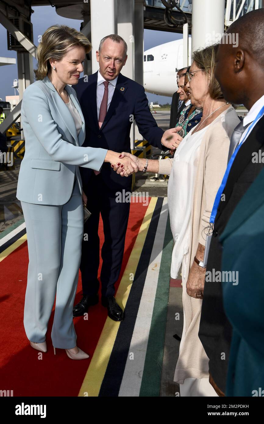 Queen Mathilde of Belgium pictured at the arrival at Maputo Airport on day one of a visit by the Queen to Mozambique, with focus on sustainable development goals, Monday 04 February 2019. BELGA PHOTO DIRK WAEM  Stock Photo