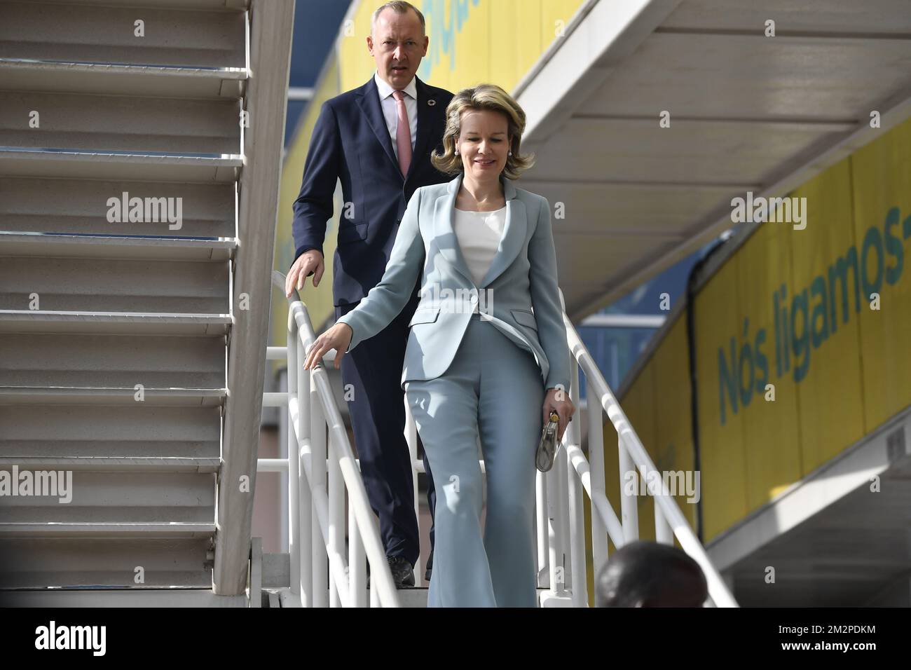 Queen Mathilde of Belgium pictured at the arrival at Maputo Airport on day one of a visit by the Queen to Mozambique, with focus on sustainable development goals, Monday 04 February 2019. BELGA PHOTO DIRK WAEM  Stock Photo