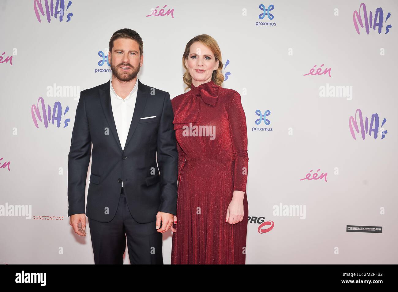 Actor Kevin Janssens and Actress Maaike Cafmeyer pictured during the 12th edition of the MIA's (Music Industry Award) award show, in Brussels, Thursday 07 February 2019. The MIA awards are handed out by the VRT and Kunstenpunt. BELGA PHOTO JAMES ARTHUR GEKIERE Stock Photo