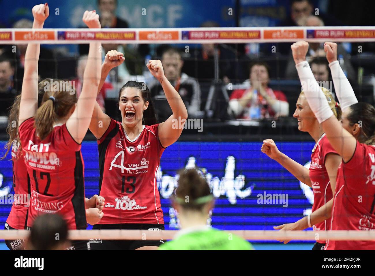 Michelbeke's Milicia Radovic celebrates during the match between Michelbeke  and Oostende, the final match in the