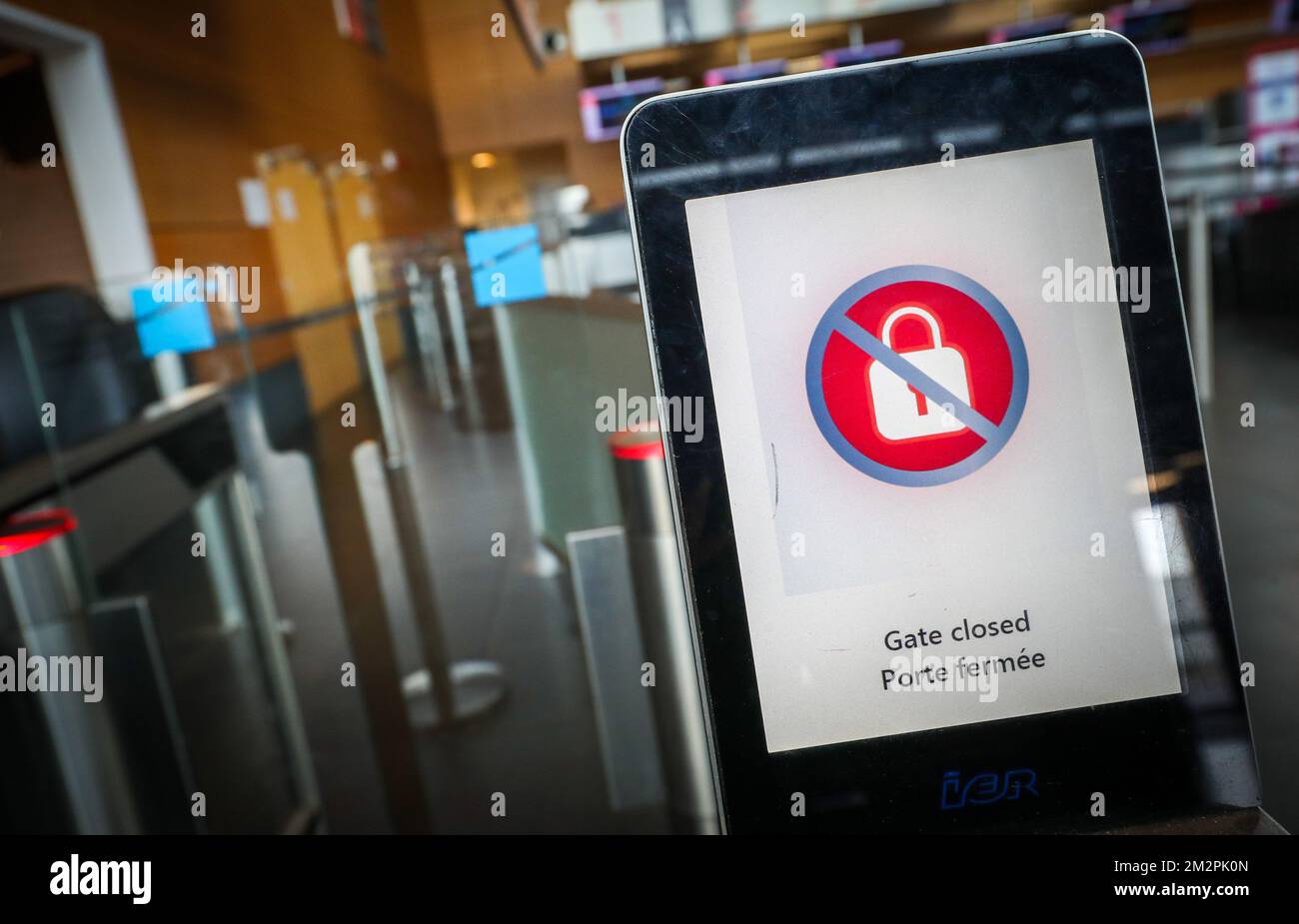 Illustration shows agate closed at Brussels South Charleroi airport, during a national general strike, Wednesday 13 February 2019, in Charleroi. Belgian sky is close for 24 hours, planes must fly above 8000m. All flights were cancelled for 24 hours. Belgian trade unions have called a national strike on 13 February after disagreement on a framework wage agreement for the next two years, 0.8 in addition to the automatic index rise is not enough. BELGA PHOTO VIRGINIE LEFOUR Stock Photo