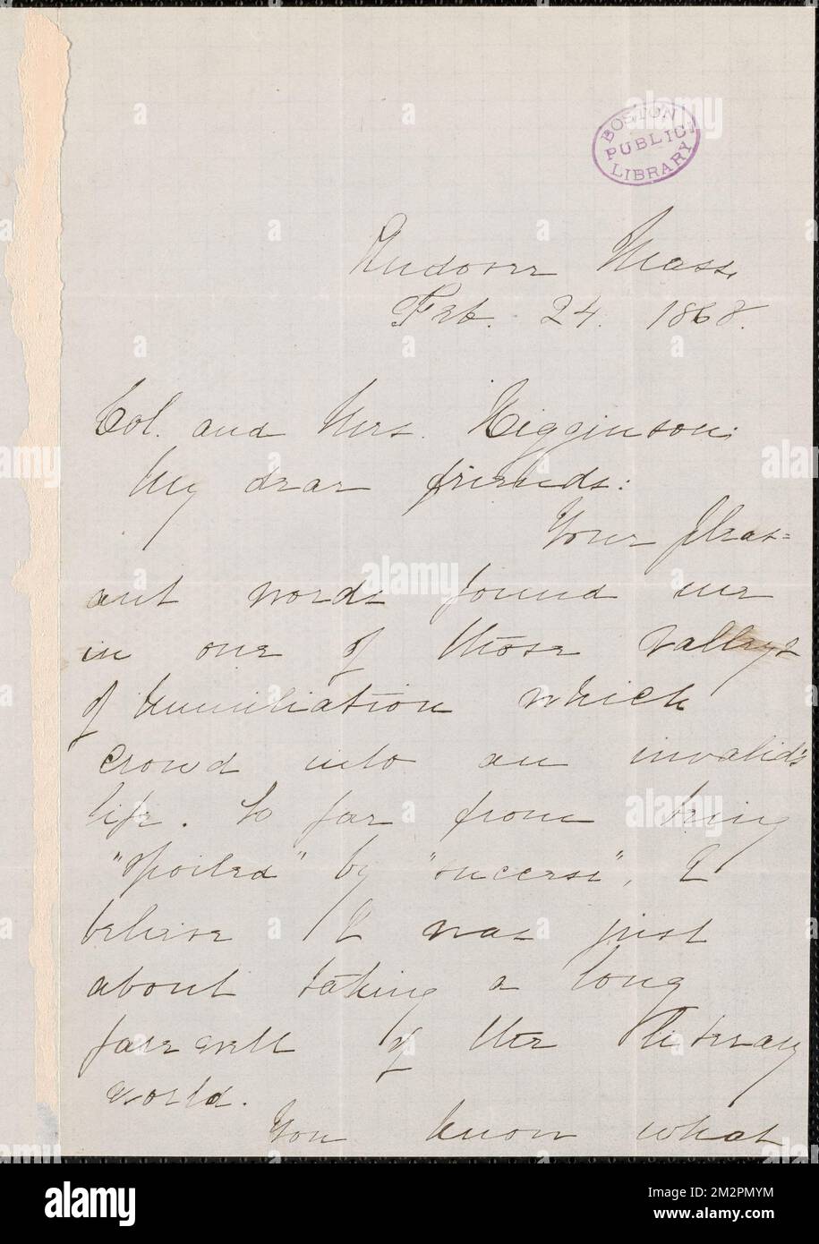 Elizabeth Stuart Phelps Ward autograph note signed to Colonel and Mrs. Thomas Wentworth Higginson, Andover, Mass., 24 February 1868 , Abolitionists, United States, History, 19th century, Women, Suffrage. Thomas Wentworth Higginson Correspondence Stock Photo