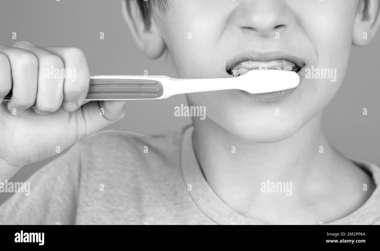 Little boy cleaning teeth. Dental hygiene. Happy little kid brushing her teeth. Black and white Stock Photo
