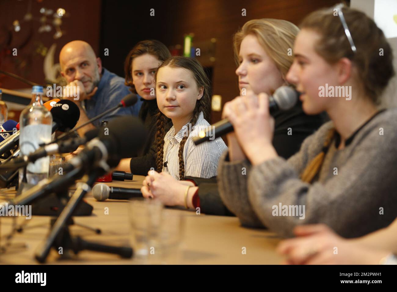 Nic Balthazar, climate activist Anuna De Wever, Swedish climate activist Greta Thunberg, climate activist Kyra Gantois and climate activist Adelaide Charlier pictured during a press conference following a student strike action, organized by 'Youth For Climate', urging pupils to skip classes to protest a lack of climate awareness, Thursday 21 February 2019 in Brussels. This marks the seventh consecutive week youths take the streets on Thursday. The action is inspired by the 'School Strike' of Swedish 15-year-old Greta, joining the protests in Brussels today. BELGA PHOTO NICOLAS MAETERLINCK  Stock Photo