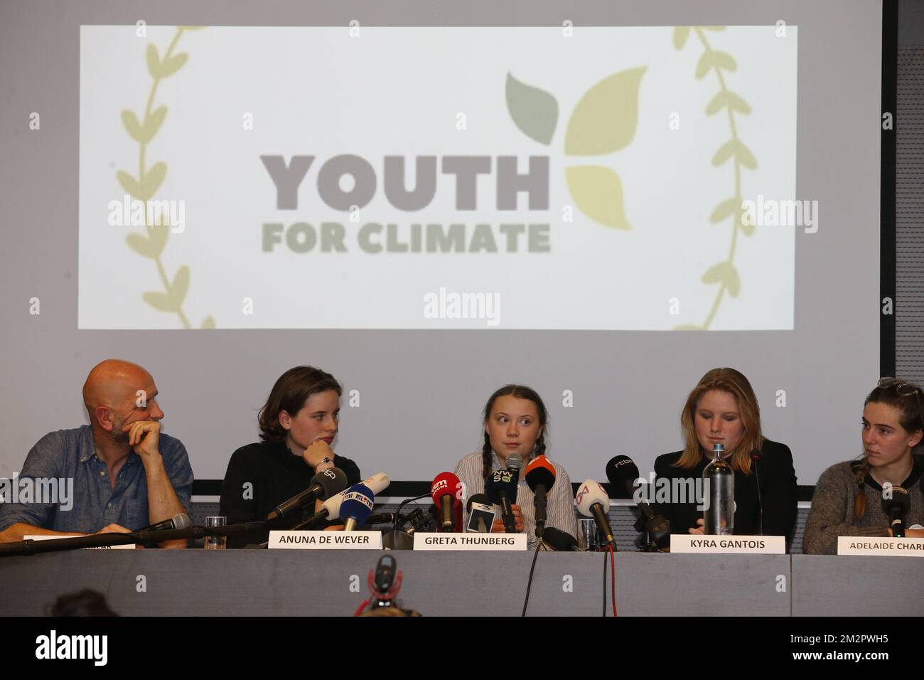 Nic Balthazar, climate activist Anuna De Wever, Swedish climate activist Greta Thunberg, climate activist Kyra Gantois, climate activist Adelaide Charlier and climate activist Luisa Neubauer pictured during a press conference following a student strike action, organized by 'Youth For Climate', urging pupils to skip classes to protest a lack of climate awareness, Thursday 21 February 2019 in Brussels. This marks the seventh consecutive week youths take the streets on Thursday. The action is inspired by the 'School Strike' of Swedish 15-year-old Greta, joining the protests in Brussels today. BE Stock Photo