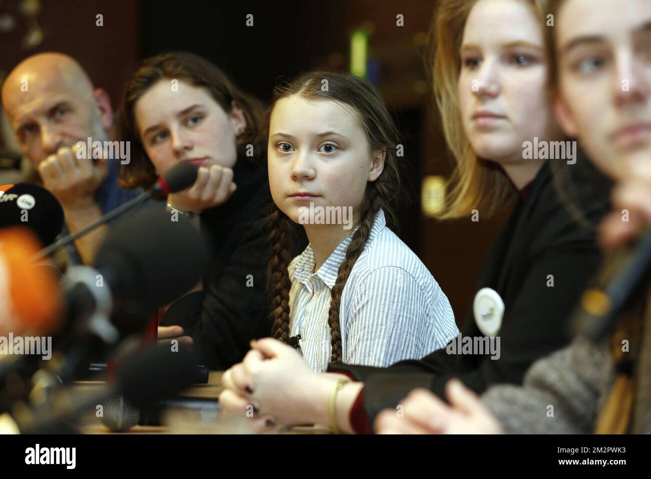 Nic Balthazar, Climate activist Anuna De Wever, Swedish climate activist Greta Thunberg and Climate activist Kyra Gantois pictured during a press conference following a student strike action, organized by 'Youth For Climate', urging pupils to skip classes to protest a lack of climate awareness, Thursday 21 February 2019 in Brussels. This marks the seventh consecutive week youths take the streets on Thursday. The action is inspired by the 'School Strike' of Swedish 15-year-old Greta, joining the protests in Brussels today. BELGA PHOTO NICOLAS MAETERLINCK  Stock Photo