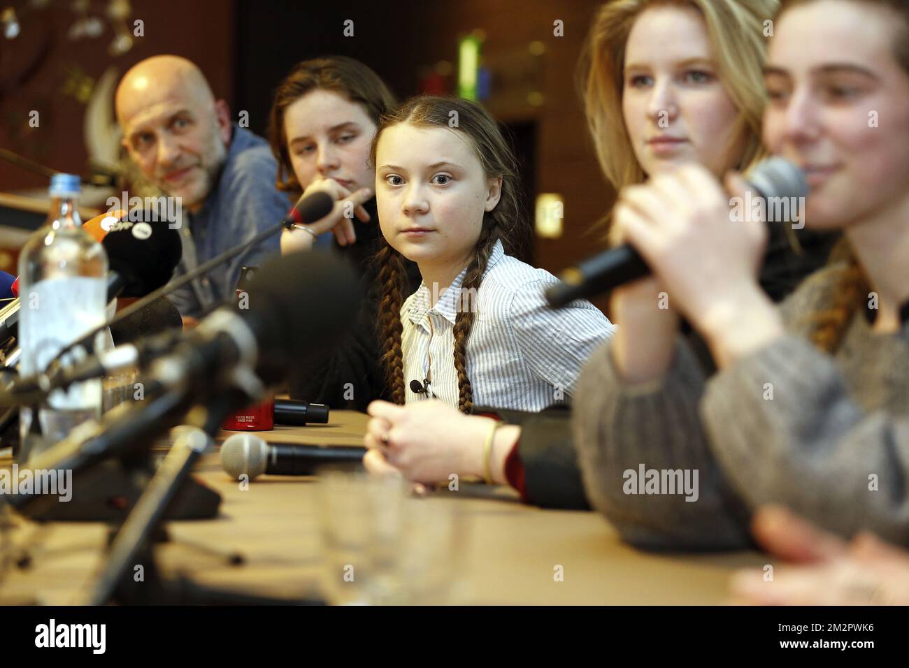 Nic Balthazar, Climate activist Anuna De Wever, Swedish climate activist Greta Thunberg, Climate activist Kyra Gantois and Climate activist Adelaide Charlier pictured during a press conference following a student strike action, organized by 'Youth For Climate', urging pupils to skip classes to protest a lack of climate awareness, Thursday 21 February 2019 in Brussels. This marks the seventh consecutive week youths take the streets on Thursday. The action is inspired by the 'School Strike' of Swedish 15-year-old Greta, joining the protests in Brussels today. BELGA PHOTO NICOLAS MAETERLINCK  Stock Photo