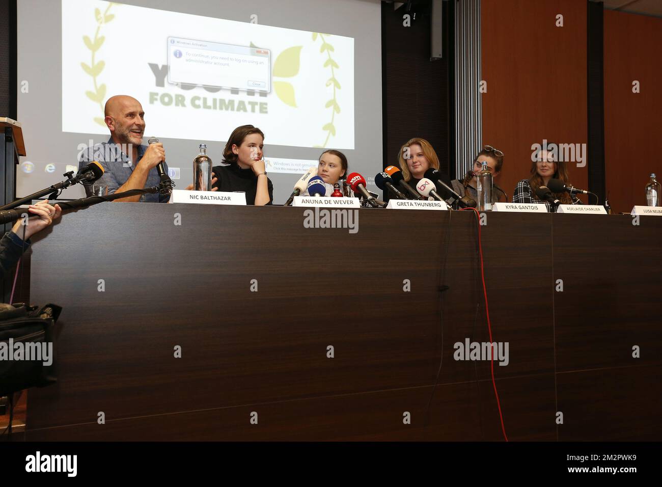 Nic Balthazar, Climate activist Anuna De Wever, Swedish climate activist Greta Thunberg, Climate activist Kyra Gantois and Climate activist Adelaide Charlier pictured during a press conference following a student strike action, organized by 'Youth For Climate', urging pupils to skip classes to protest a lack of climate awareness, Thursday 21 February 2019 in Brussels. This marks the seventh consecutive week youths take the streets on Thursday. The action is inspired by the 'School Strike' of Swedish 15-year-old Greta, joining the protests in Brussels today. BELGA PHOTO NICOLAS MAETERLINCK Stock Photo