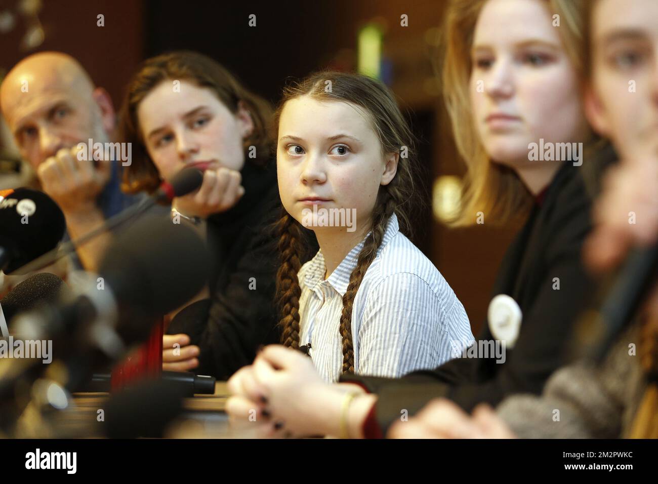 Nic Balthazar, Climate activist Anuna De Wever, Swedish climate activist Greta Thunberg and Climate activist Kyra Gantois pictured during a press conference following a student strike action, organized by 'Youth For Climate', urging pupils to skip classes to protest a lack of climate awareness, Thursday 21 February 2019 in Brussels. This marks the seventh consecutive week youths take the streets on Thursday. The action is inspired by the 'School Strike' of Swedish 15-year-old Greta, joining the protests in Brussels today. BELGA PHOTO NICOLAS MAETERLINCK Stock Photo
