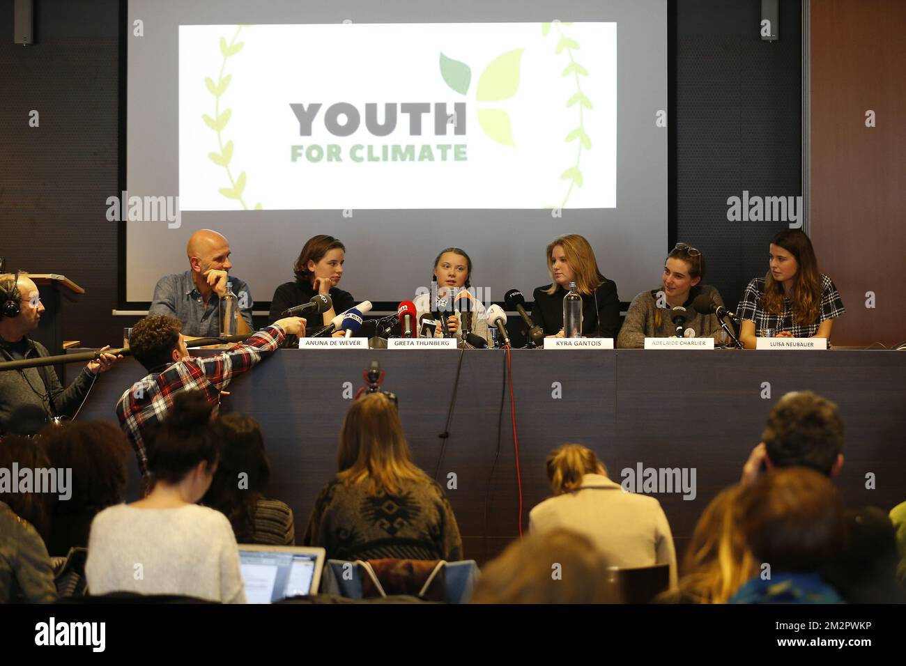 Nic Balthazar, climate activist Anuna De Wever, Swedish climate activist Greta Thunberg, climate activist Kyra Gantois, climate activist Adelaide Charlier and climate activist Luisa Neubauer pictured during a press conference following a student strike action, organized by 'Youth For Climate', urging pupils to skip classes to protest a lack of climate awareness, Thursday 21 February 2019 in Brussels. This marks the seventh consecutive week youths take the streets on Thursday. The action is inspired by the 'School Strike' of Swedish 15-year-old Greta, joining the protests in Brussels today. BEL Stock Photo