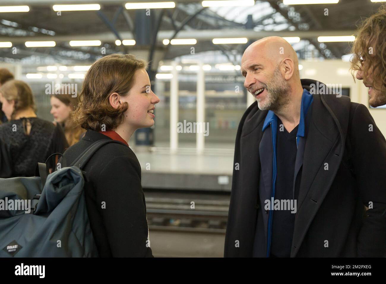 Climate activist Anuna De Wever and Nic Balthazar pictured during the departure of the Belgian delegation of the 'Youth For Climate' protestors towards today's protest in Paris, Friday 22 February 2019 at the Brussels-South train station. The action is inspired by the 'School Strike' of Swedish 15-year-old Greta, urging pupils to skip classes to protest a lack of climate awareness. BELGA PHOTO JAMES ARTHUR GEKIERE Stock Photo
