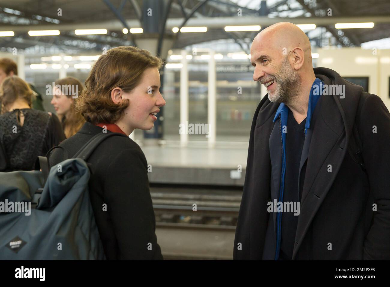 Climate activist Anuna De Wever and Nic Balthazar pictured during the departure of the Belgian delegation of the 'Youth For Climate' protestors towards today's protest in Paris, Friday 22 February 2019 at the Brussels-South train station. The action is inspired by the 'School Strike' of Swedish 15-year-old Greta, urging pupils to skip classes to protest a lack of climate awareness. BELGA PHOTO JAMES ARTHUR GEKIERE Stock Photo