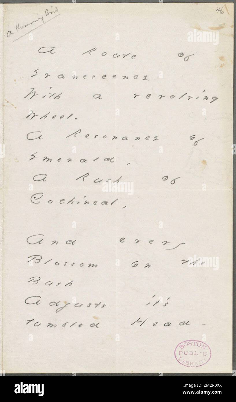 Emily Dickinson, Amherst, Mass., autograph manuscript poem: A route of ...