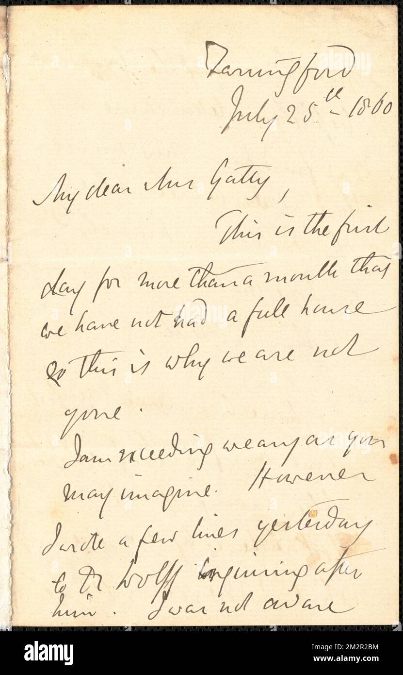 Emily Tennyson autograph letter signed to Mrs. Gatty, Farringford, [Isle of Wight], 25 July 1860 , Authors' spouses, Great Britain, Correspondence, Families, Great Britain, Social life and customs, 19th century, Poets, English, 19th century, Family relationships, Tennyson, Hallam Tennyson, Baron, 1852-1928, Tennyson, Lionel, 1854-1886, Wolff, Joseph, 1795-1862 Stock Photo